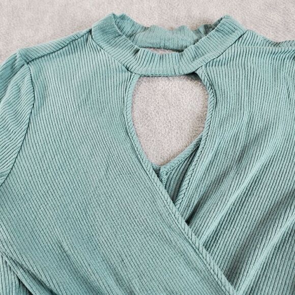 Soprano Dress Womens Medium Green Ribbed Mini Wrap Casual Short Sleeve Mock Neck - Picture 6 of 8
